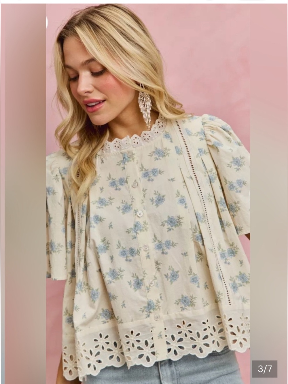 So Me Cream Floral Lace-Trim Button Front Top